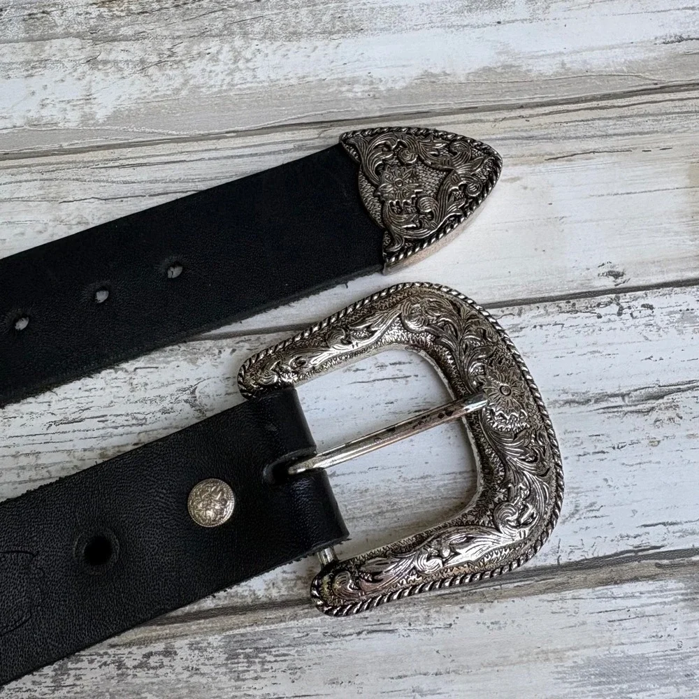 Cactus Mountain Western Belt 38 Handmade Black Silver 4 Strand Bone Beads Concho